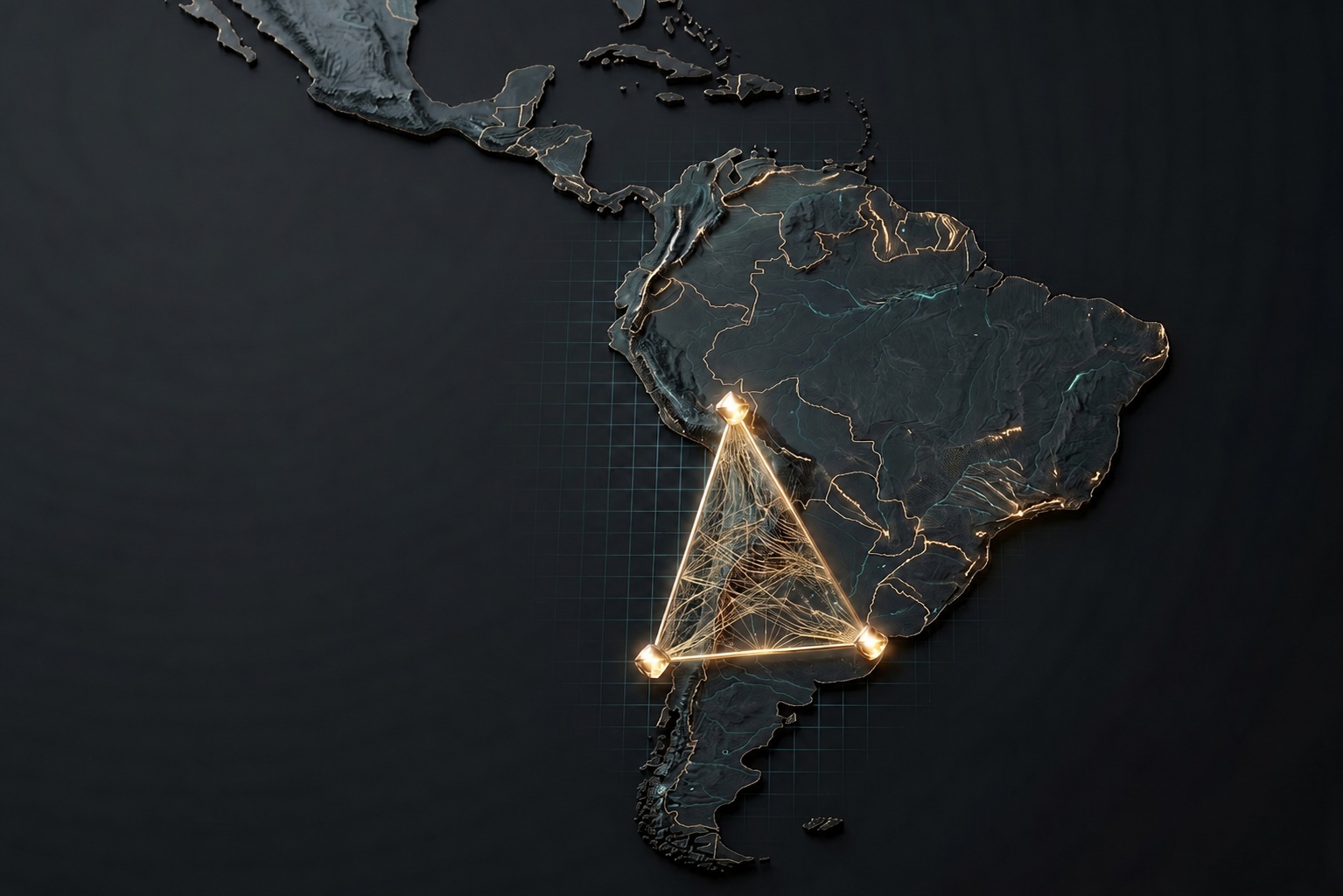 Dark map of South America highlighting the Lithium Triangle across Chile, Argentina and Bolivia
